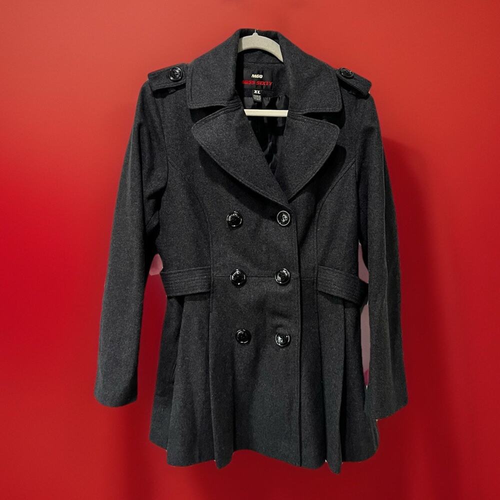 Miss Sixty M60 Grey Wool Blend Double Breasted Trench Pea Coat Belted Women XL